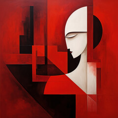 Cubist art style portrait in bold red tones