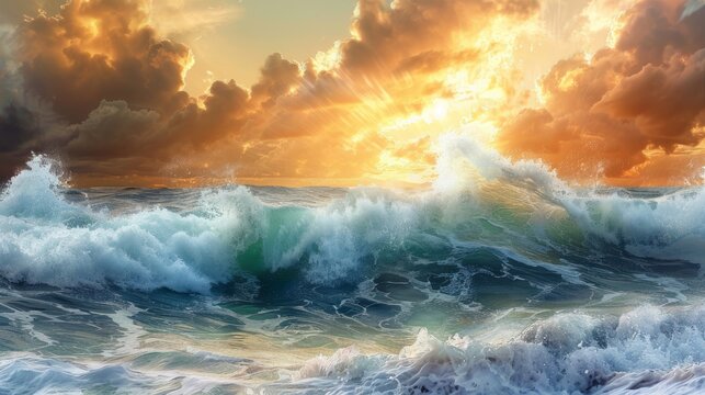 A rough and heavy sea in a thunderstorm. Large crashing ocean wave with white foam at sunset of the day. Digital art in watercolor style