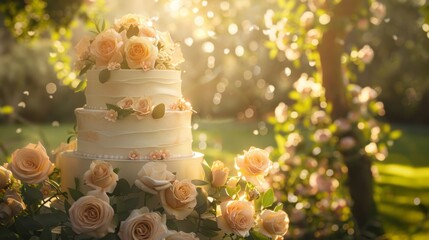 Fototapeta premium A sun lit, elegant wedding cake decorated with delicate roses, displayed in a serene garden setting