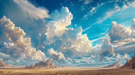 A surreal painting. A fantastic world. The vast universe. Clouds, sand, mountains, sky