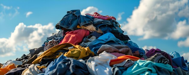 Mountains of clothing accumulating in landfill. Concept Fashion Waste, Fast Fashion Impact, Sustainable Clothing, Textile Recycling, Circular Economy