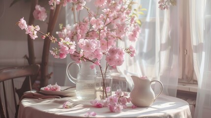A table is adorned with pink flowers and a pitcher of water. The delicate blooms add a touch of elegance to the setting - obrazy, fototapety, plakaty