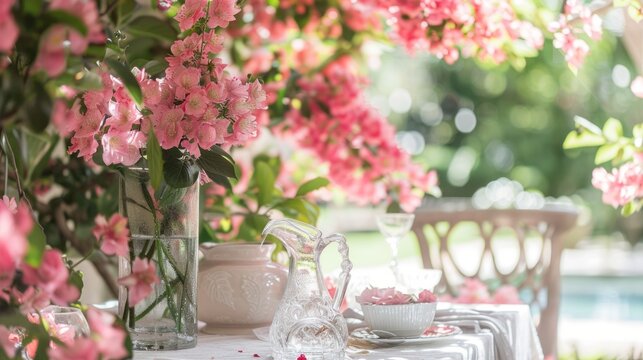 A table is adorned with pink flowers and a pitcher of water. The delicate blooms add a touch of elegance to the setting