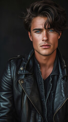 closeup of handsome fashion man wearing black leather jacket - 755579301