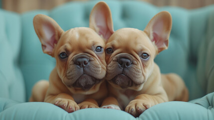 couple of adorable frenchie puppies kissing