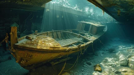 Rolgordijnen Old broken fishing boat under water, wooden abandoned boat © Ruslan Gilmanshin