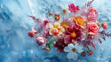 A vibrant bouquet of fresh flowers resting on a sheet of glistening ice, creating a striking contrast between the delicate blooms and the frozen surface. The flowers seem to be frozen in time