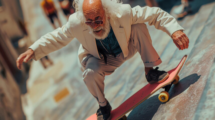 Fototapeta na wymiar old fashion man riding his skateboard