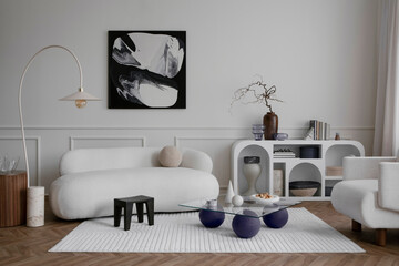 Interior design of modern living room interior with mock up poster frame, stylish sofa, glass...