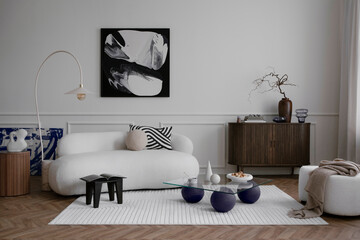 Interior design of modern living room interior with mock up poster frame, modern sofa, wooden...
