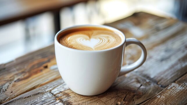 A white mug sits on a wooden table, filled with a freshly brewed coffee latte. A heart has been delicately drawn on the creamy surface, adding a touch of love to the beverage