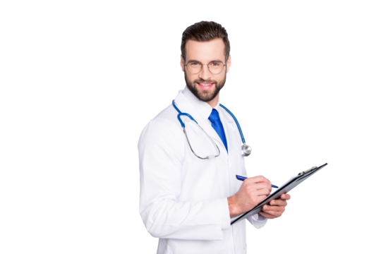 Portrait of cheerful joyful doc with bristle in white lab coat, tie and stethoscope on his neck, having clipboard in hands, looking at camera, isolated on grey background