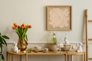 Interior design of easter living room interior with mock up poster frame, glass vase with tulips,...