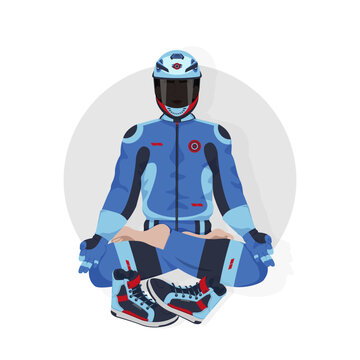 A drawing depicting a motorcycle racer  in a helmet and uniform, who is sitting in a lotus position and meditating. The concept of a healthy lifestyle, relaxation. To create a logo, stickers.