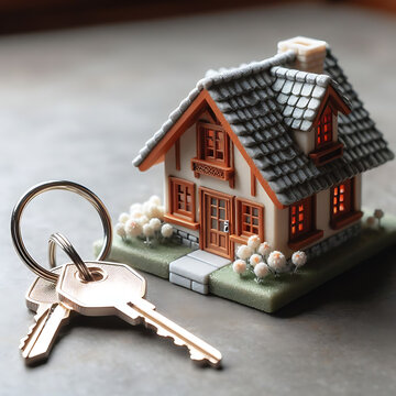 A miniature model of a cozy tiny house with a set of silver keys placed beside it, symbolizing the concept of purchasing a small home or property in the real estate market.