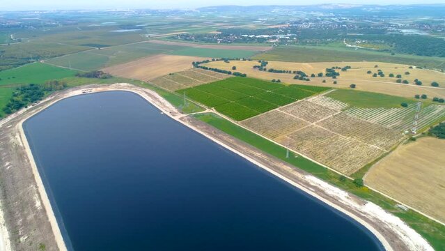 Drone photography of water reservoir after purification for agriculture