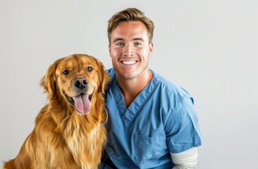 Smiling Veterinary Professional in Blue with Happy Golden Retriever - Generative AI