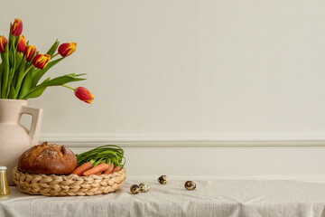 Minimal spring composition of easter living room interior with copy space, beige vase with tulips,...