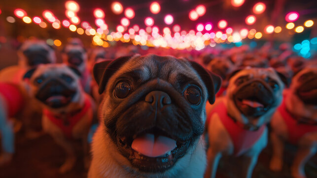 selfie photograph of large group of mops dogs panting