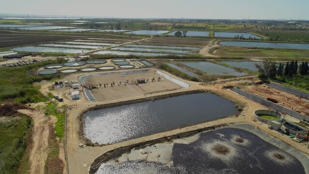 Drone photography of Ponds with sewage treatment plants In an agricultural area