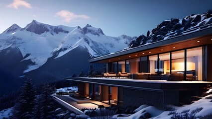 mountain retreat with large panoramic windows revealing snow capped peaks