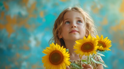 Cheerful Little Girl Holding Bright Sunflowers in Front of a Vibrant Blue and Yellow Background
