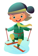 Girl on skis. Child in winter clothes. Fun frost. Winter clothes. Object isolated on white background. Cartoon fun style Illustration vector