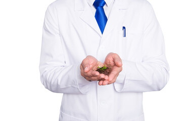 Cropped portrait of handsome biologist in white outfit with tie, showing having  vial with field...