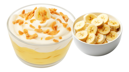 Vanilla pudding bowl with banana slices with crispy cereals, side and top view, isolated on a white background, food bundle Transparent PNG