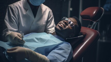 An African-American Man, a patient in a chair at a dental clinic. Dentist, Orthodontist, Teeth Whitening, Brushing, Braces, Veneers, Caries Treatment, Pulpitis, Periodontitis, Healthcare, Oral Hygiene