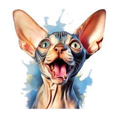 A watercolor painting of a sphynx cat