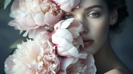 Close up portrait of a young girl with peonies