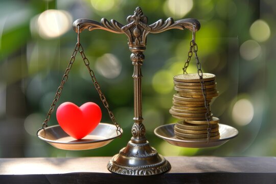A classic scale balanced with gold coins and a heart