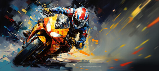 Vibrant digital painting of a motorcyclist in high-speed action - obrazy, fototapety, plakaty