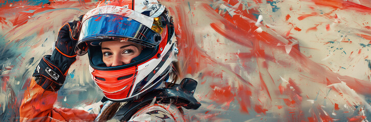 Confident female racer portrait with vibrant abstract background - obrazy, fototapety, plakaty