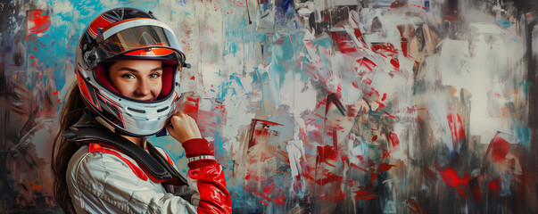 Naklejka premium Confident female racer with artistic background