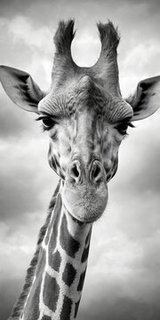 Portrait of a giraffe in close-up on a black and white photo.
