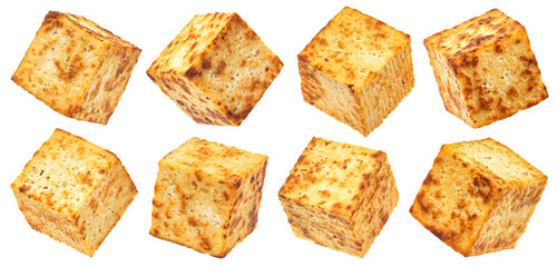 Fried tofu cubes isolated on white background - 755581519