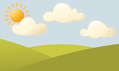 Fototapeta na wymiar Vector illustration of a beautiful summer landscape. Green field of grass, blue sky with clouds, bright sun. Day, morning. Landscape design for banners, posters, children's books.