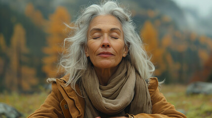 Head shot portrait close up of middle age woman enjoying and relaxing sitting at table in the nature in the forest of mountain. Old female person opening arms and closing eyes feeling free - obrazy, fototapety, plakaty