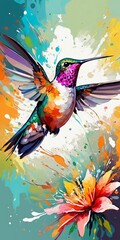 Hummingbird with flower and watercolor splashes.