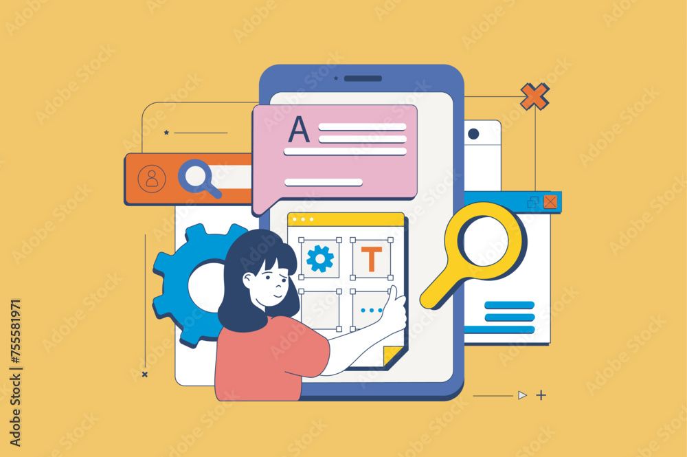 Poster design development concept in flat neo brutalism design for web. woman makes mobile app layouts, cre