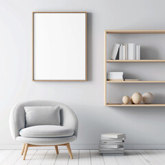 Blank vertical poster frame mockup above a beige-white wall in a reading nook with armchairs and book shelf. mockup poster in a modern apartment background. Modern Scandinavian interior