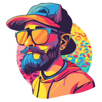 Hipster man with mustache, sunglasses and cap. Vector illustration