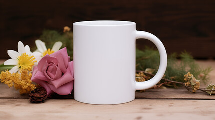 Mug blanc ou tasse de thé, café. Mock-up. Éléments décoratifs. Fond pour conception et création graphique. 