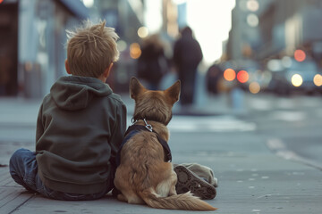 Lost homeless boy with puppy sits on bustling city sidewalks in evening. Abandoned little child with pet stray together among large city - obrazy, fototapety, plakaty