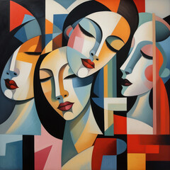 Four peaceful faces in a cubist pastel composition