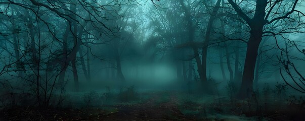 Eerie forest enveloped in spooky fog . Concept Halloween Photoshoot, Dark Woods, Mystical Atmosphere
