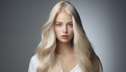 Naklejka premium model girl with shiny blond smooth healthy long hair on a white background