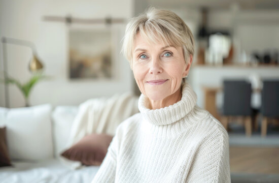 Smiling middle aged mature grey haired woman sitting on her sofa in the living room at home. Senior woman posing on sofa looking at camera. Single mature senior in living room. 